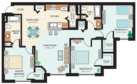 Three Bedroom Floor Plan at Spanish Trace Affordable Apartments in Tampa FL